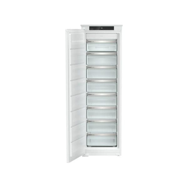 Modern white built-in refrigerator with multiple freezer drawers, energy-efficient design, and stainless steel accents. Perfect for sleek, organized kitchen spaces.