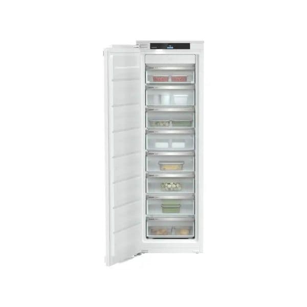 Stainless steel upright freezer with multiple shelves and door storage for efficient organization and preserving frozen foods.