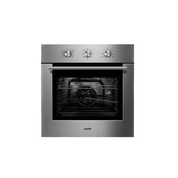 Stainless steel electric oven with modern control knobs, perfect for home cooking and baking. Durable, sleek design complements contemporary kitchen decor. Ideal for culinary enthusiasts seeking high-quality appliances.