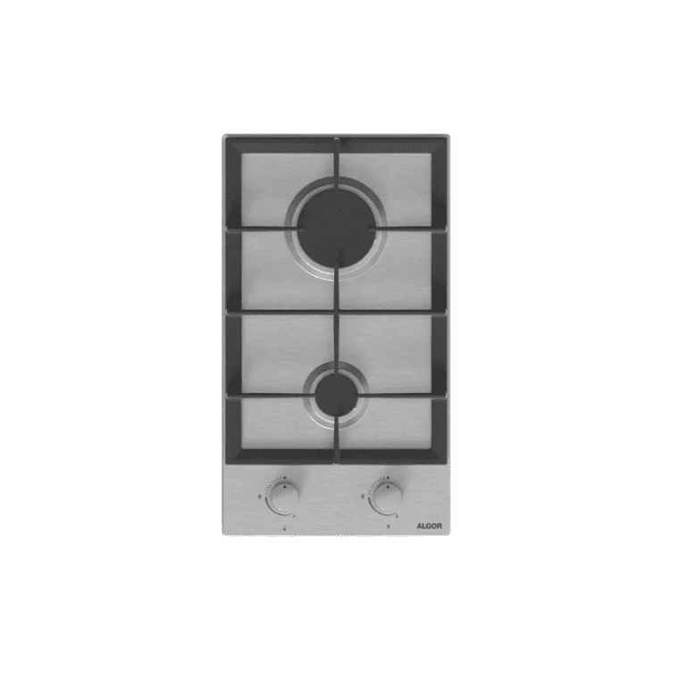 Stainless steel gas cooktop with two burners, black control knobs, and durable construction for modern kitchen use. Perfect for efficient cooking and sleek kitchen design.