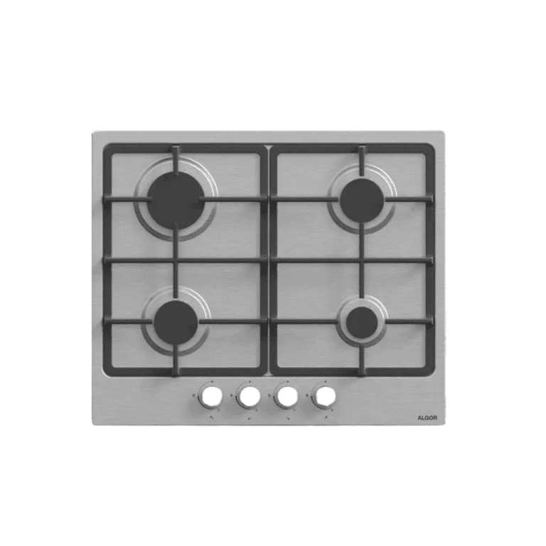 Stainless steel gas cooktop with four burners, durable grates, and control knobs, ideal for modern kitchens. Perfect for home cooking and professional culinary use.