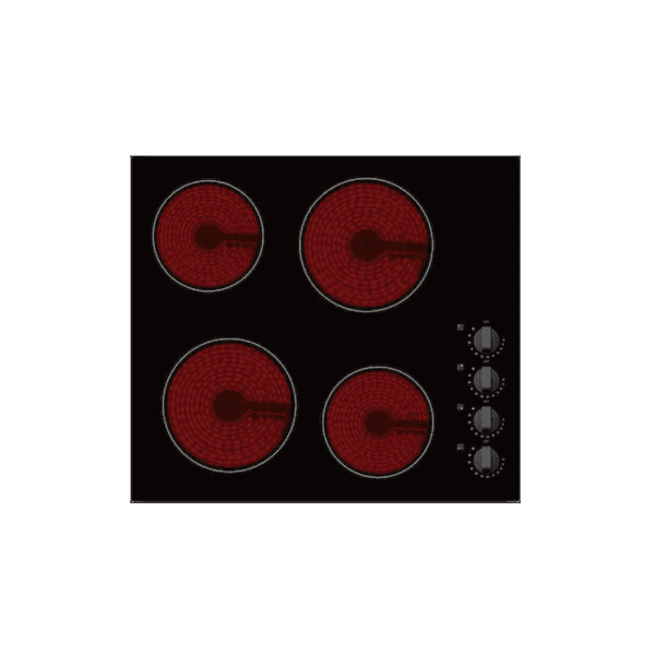 Red electric stovetop burners with four heating elements and control knobs, modern kitchen appliance.