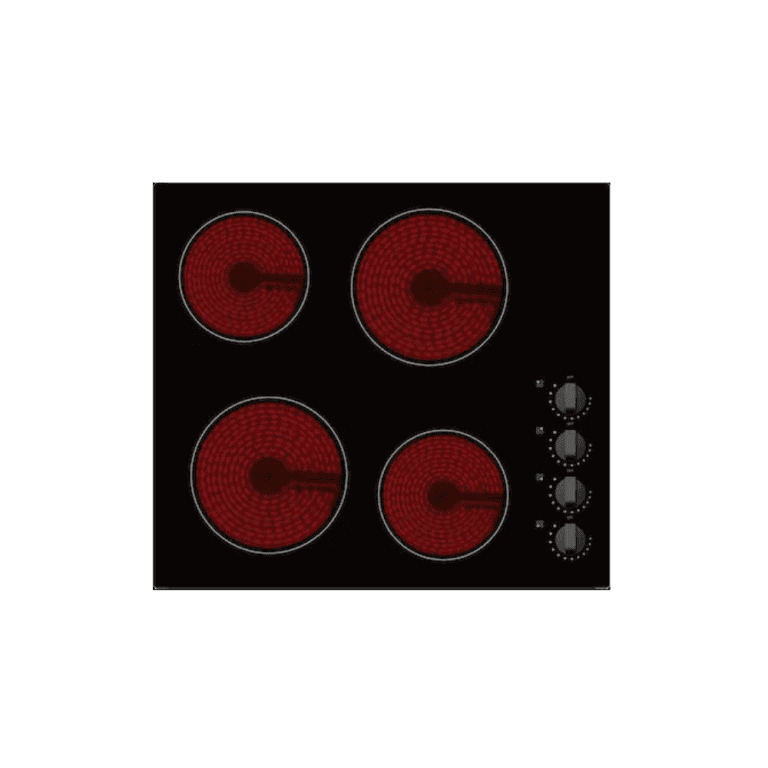 Red electric stovetop burners with four heating elements and control knobs, modern kitchen appliance.