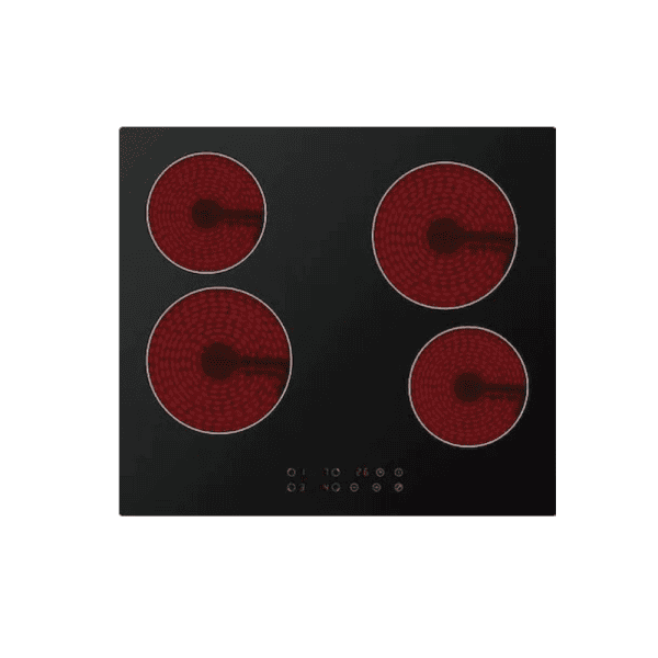 Red electric cooktop with four burners and touch control panel, modern kitchen appliance for cooking and heating food efficiently.