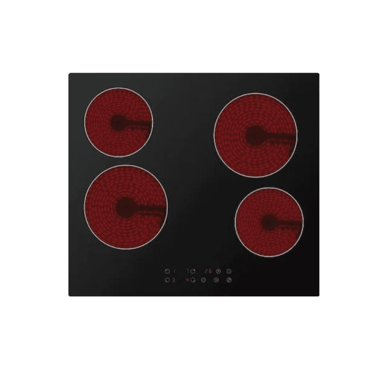 Red electric cooktop with four burners and touch control panel, modern kitchen appliance for cooking and heating food efficiently.