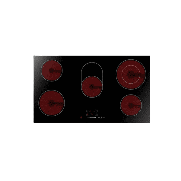 Stainless steel electric cooktop with five red heating elements and digital controls, ideal for modern kitchen cooking and home appliance upgrades.
