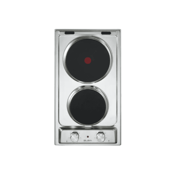 Electric stovetop with two burners, stainless steel design, and control knobs for kitchen cooking appliances.