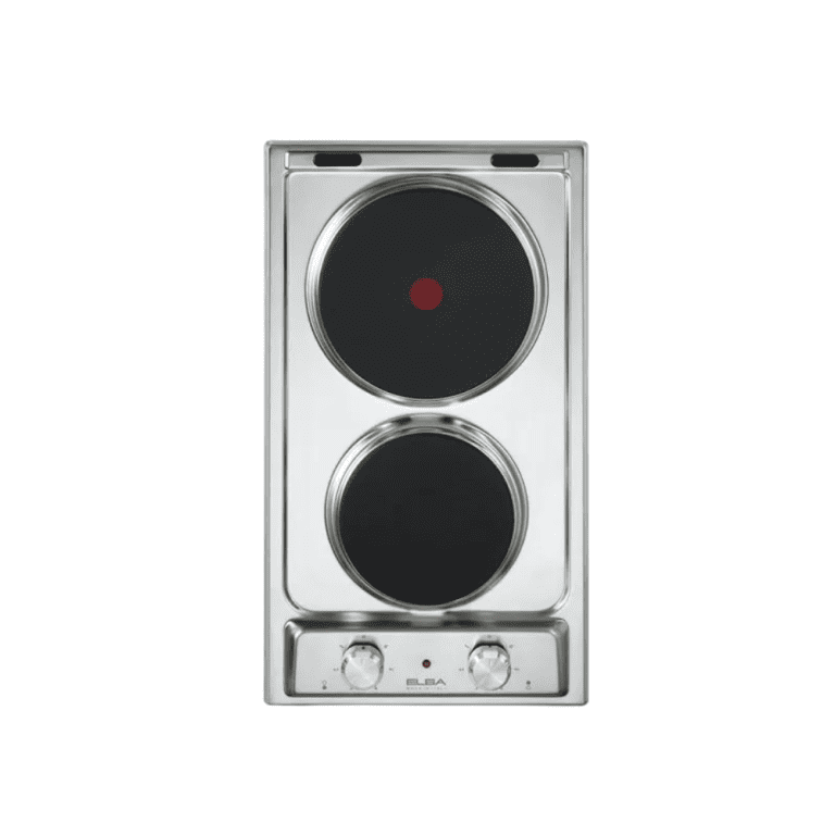 Electric stovetop with two burners, stainless steel design, and control knobs for kitchen cooking appliances.