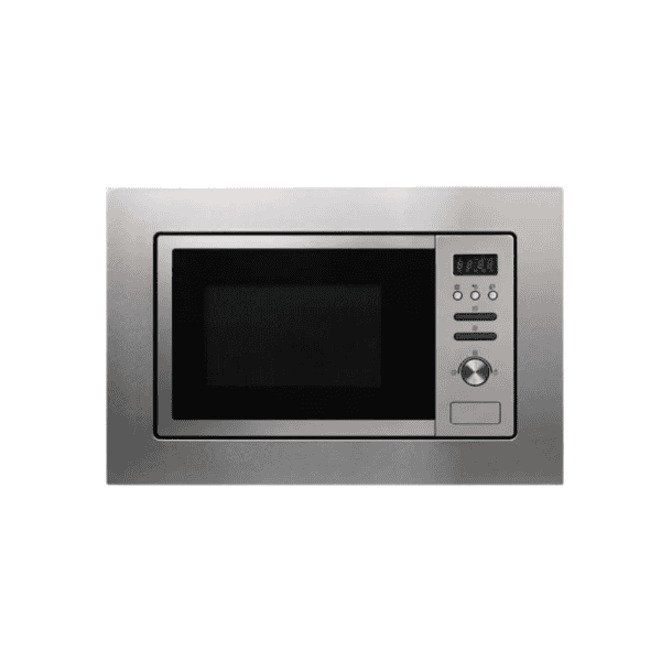 Stainless steel built-in microwave oven with digital display, control buttons, and turntable for modern kitchen convenience.