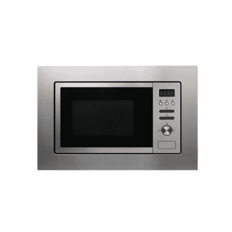 Stainless steel built-in microwave oven with digital display, control buttons, and turntable for modern kitchen convenience.