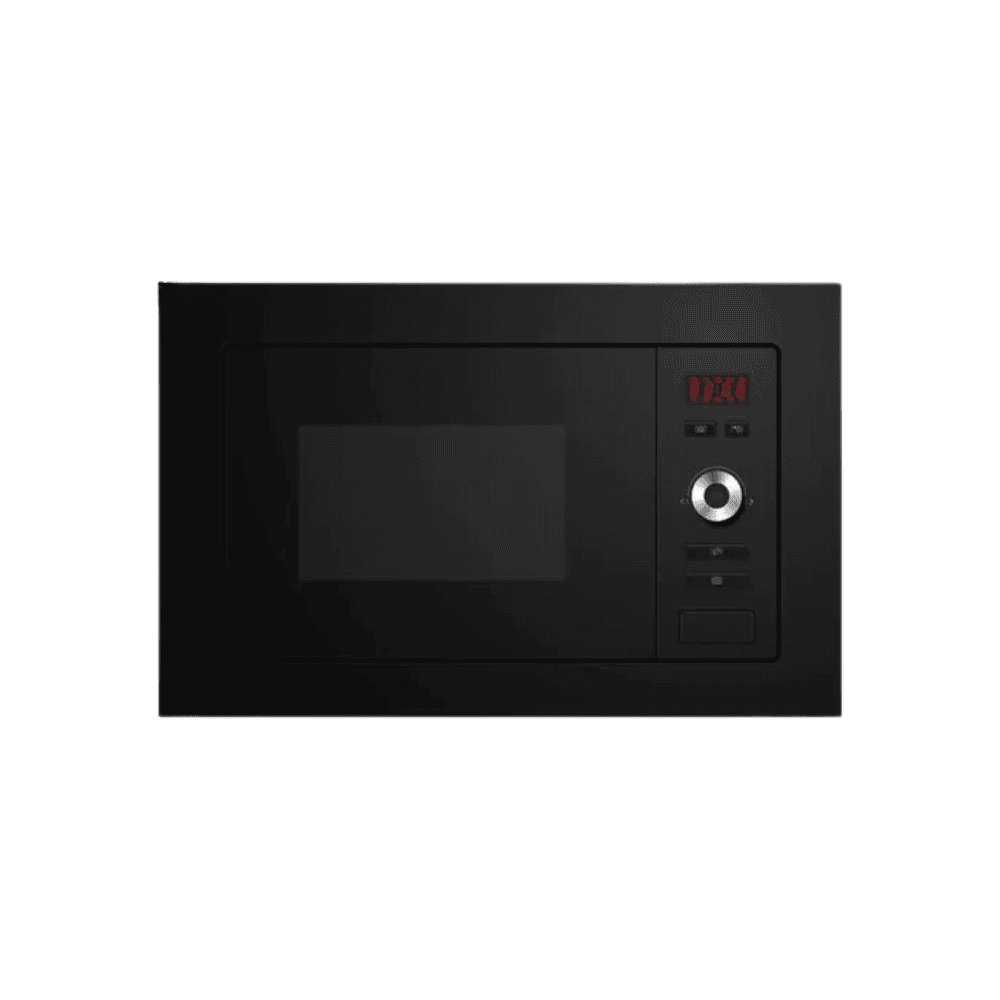 High-end black built-in microwave oven with digital controls, sleek design, and digital display, perfect for modern kitchens. Ideal for cooking, reheating, and convenience in contemporary kitchen setups.