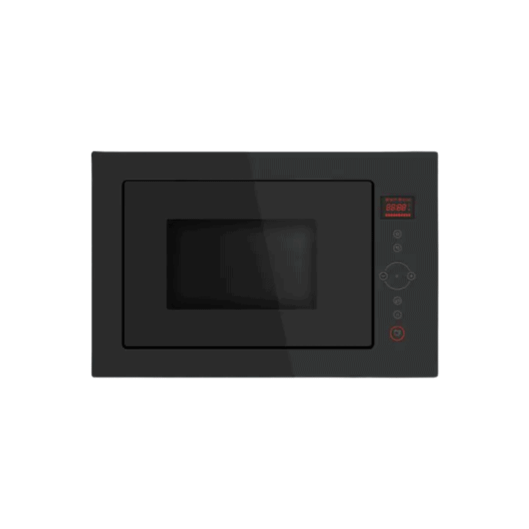 High-end black microwave oven with digital display and control panel, perfect for modern kitchen appliances, easy to use for cooking, reheating, and baking. Compact design enhances kitchen decor.