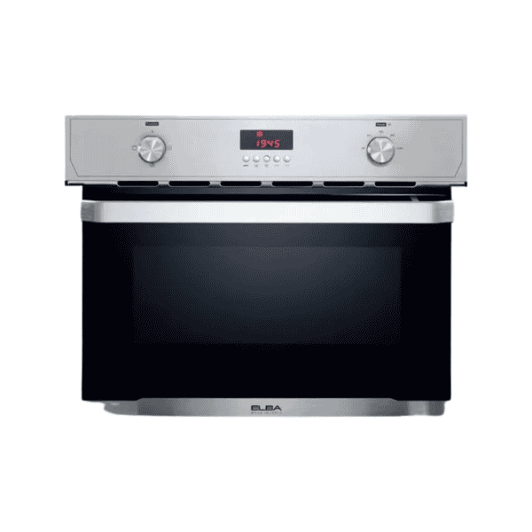 Stainless steel electric oven with digital display, control knobs, and large oven window, ideal for modern kitchen cooking and baking needs.