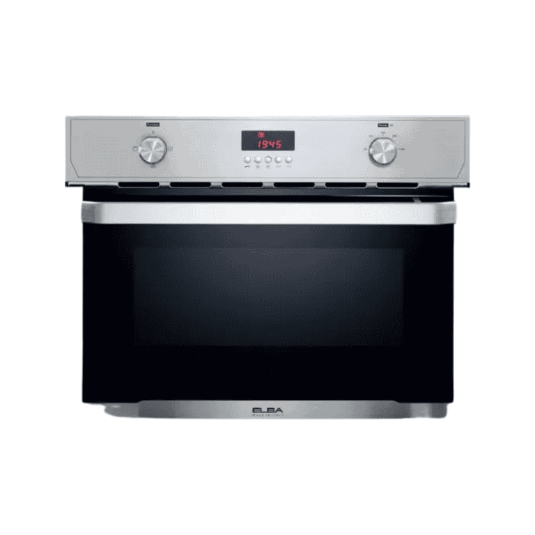 Stainless steel electric oven with digital display, control knobs, and large oven window, ideal for modern kitchen cooking and baking needs.