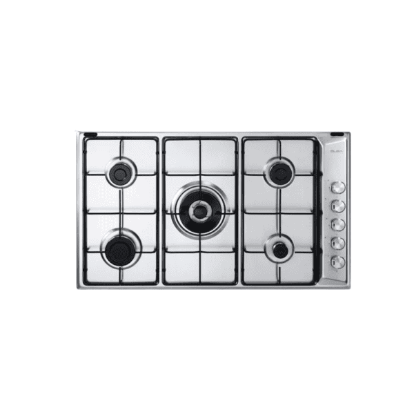 Stainless steel gas cooktop with five burners, ergonomic control knobs, and sleek modern design for professional kitchen installation.