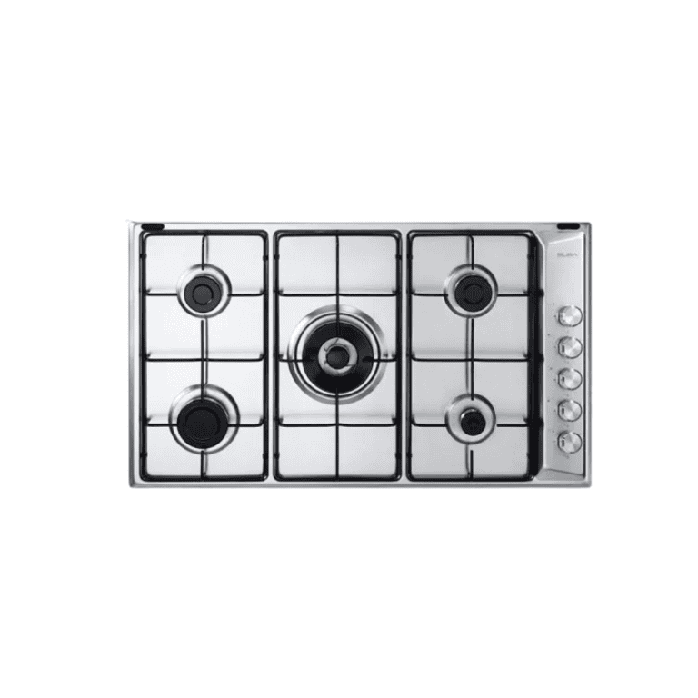 Stainless steel gas cooktop with five burners, ergonomic control knobs, and sleek modern design for professional kitchen installation.