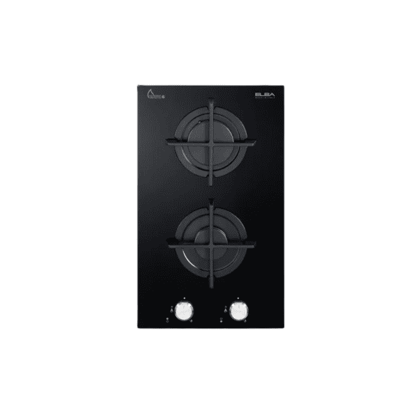 Black kitchen gas stove with two burners and control knobs, modern and sleek design for home cooking.