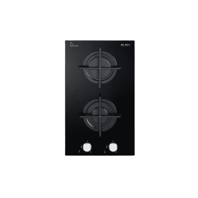 Black kitchen gas stove with two burners and control knobs, modern and sleek design for home cooking.