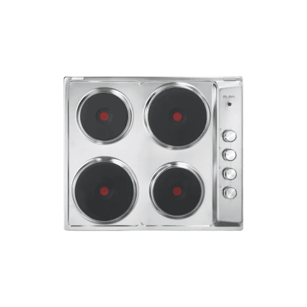 Stainless steel electric countertop stove with four burners and control knobs, ideal for modern kitchens and cooking convenience.