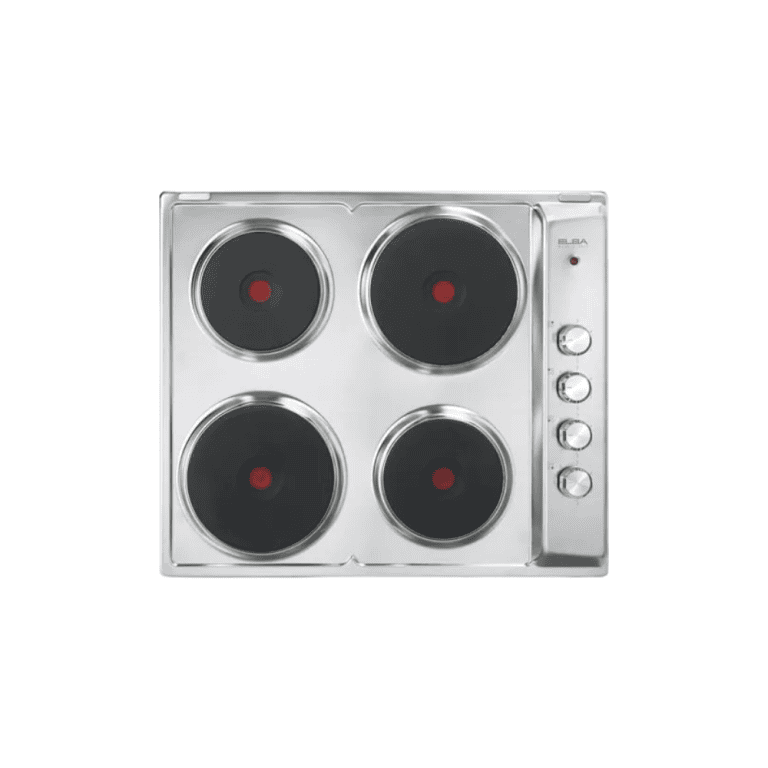 Stainless steel electric countertop stove with four burners and control knobs, ideal for modern kitchens and cooking convenience.
