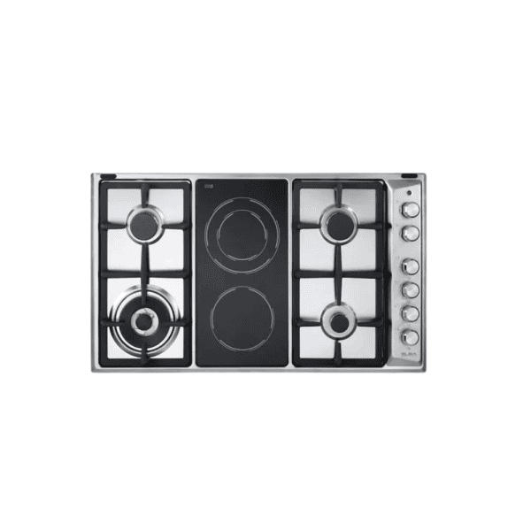 Gas stove with stainless steel finish, four burners, and control knobs for professional kitchen use. Durable, high-performance cooktop ideal for modern kitchens and culinary enthusiasts.