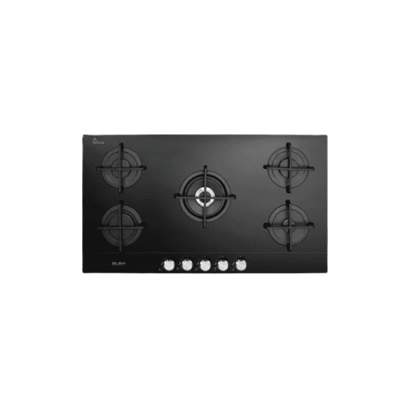 Black glass stovetop with four burners, modern design, and control knobs for kitchen cooking appliances.