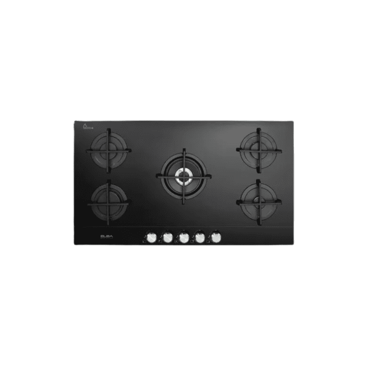 Black glass stovetop with four burners, modern design, and control knobs for kitchen cooking appliances.