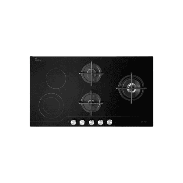 Dark black glass gas cooktop with four burners, stainless steel control knobs, and safety features for modern kitchen cooking.