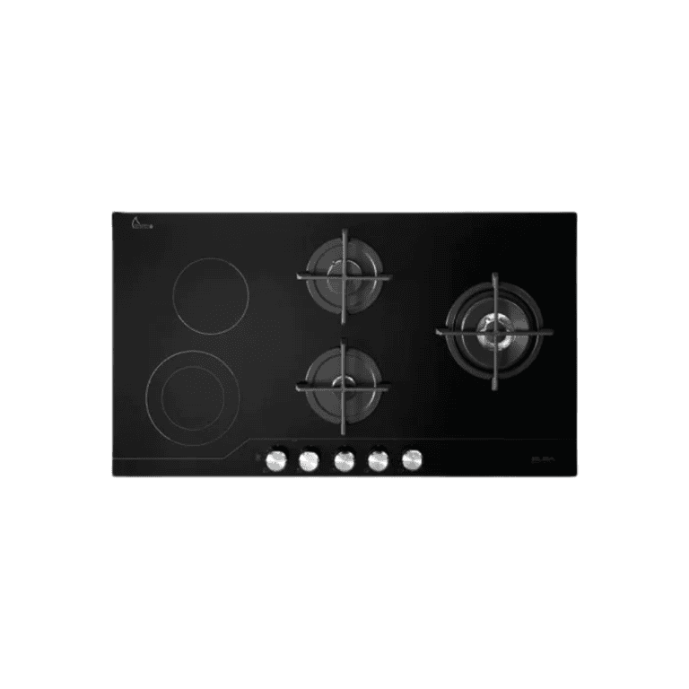 Dark black glass gas cooktop with four burners, stainless steel control knobs, and safety features for modern kitchen cooking.