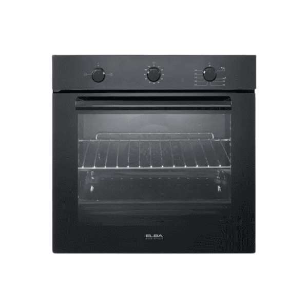 Black built-in electric oven with digital control panel and glass door for modern kitchen appliances.