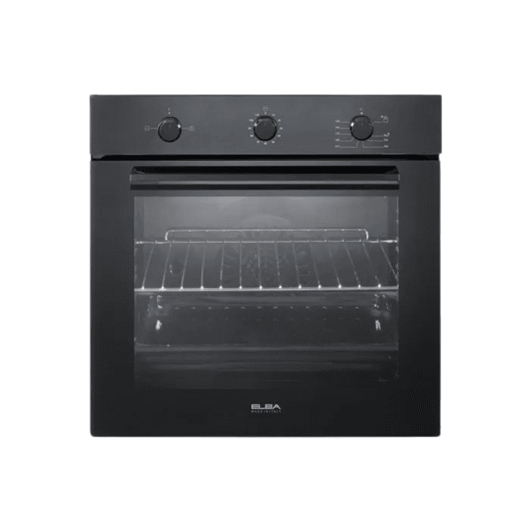 Black built-in electric oven with digital control panel and glass door for modern kitchen appliances.