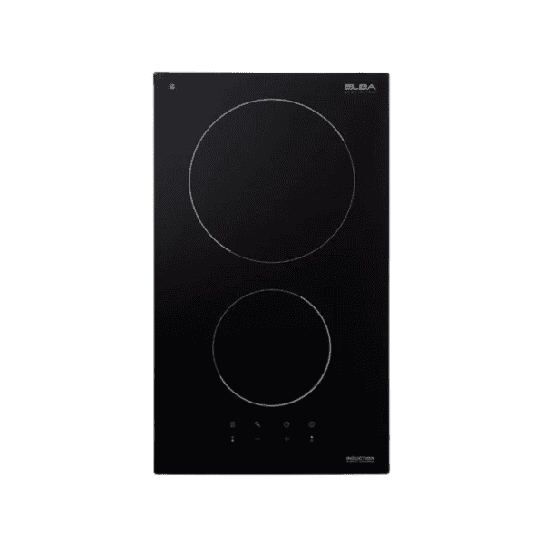 Induction cooktop with dual burners, modern black glass surface, touch controls, energy-efficient design for kitchen cooking appliances, ELBA brand.