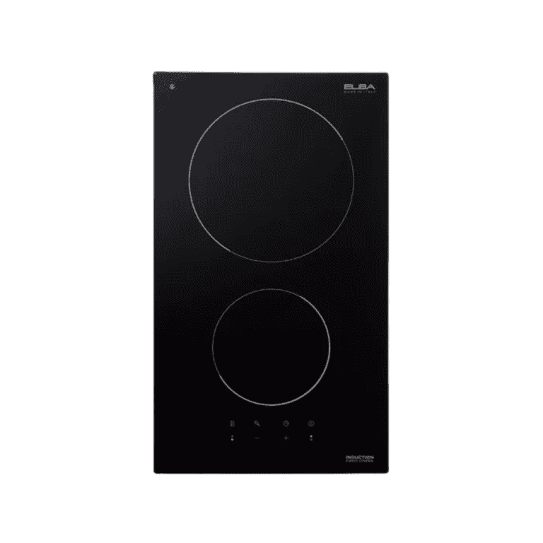 Induction cooktop with dual burners, modern black glass surface, touch controls, energy-efficient design for kitchen cooking appliances, ELBA brand.