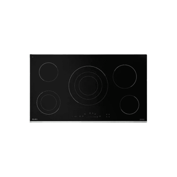Ceramic black electric cooktop with five radiant burners, sleek modern design, and touch control panel for kitchen cooking convenience.