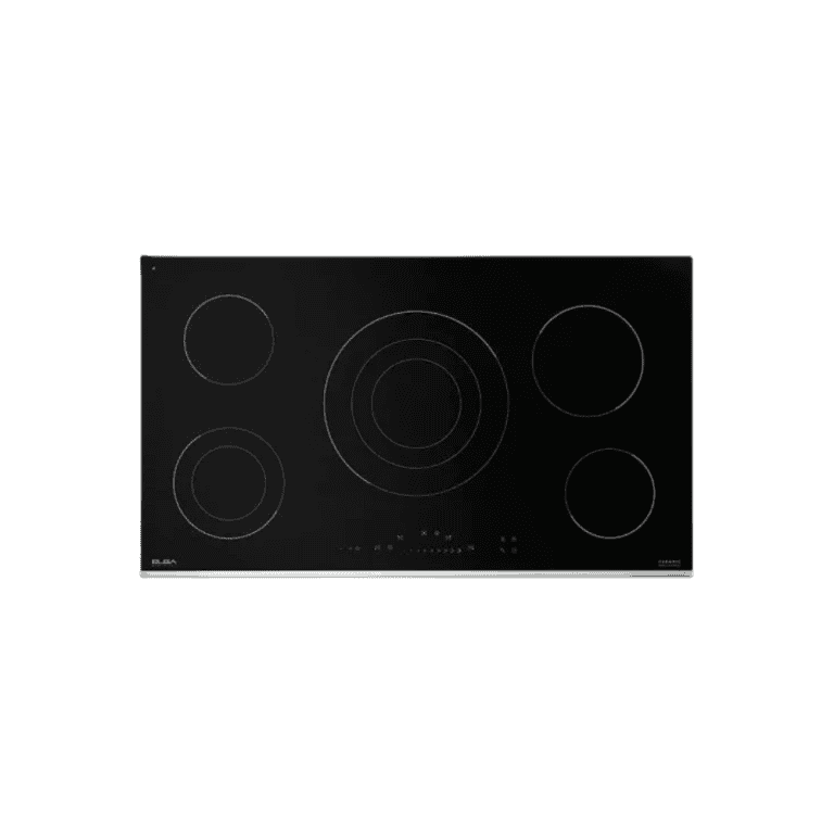 Ceramic black electric cooktop with five radiant burners, sleek modern design, and touch control panel for kitchen cooking convenience.