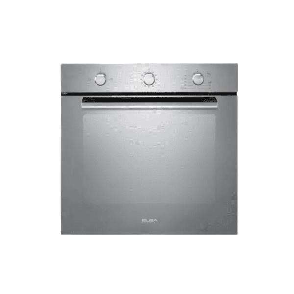Stainless steel electric oven with control knobs, modern kitchen appliance for cooking and baking.