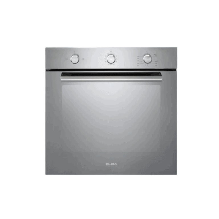 Stainless steel electric oven with control knobs, modern kitchen appliance for cooking and baking.