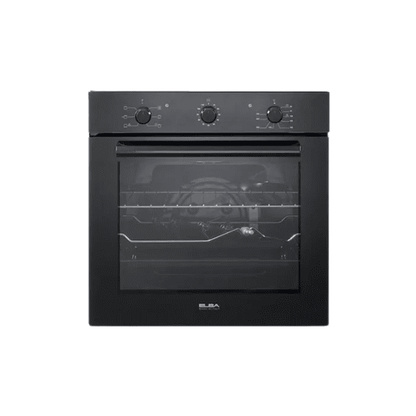 Black gas stove oven with control knobs, glass door, and interior racks, ideal for modern kitchens. High-performance cooking appliance from KitchenByPro.com.