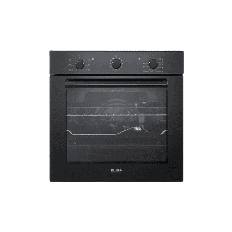 Black gas stove oven with control knobs, glass door, and interior racks, ideal for modern kitchens. High-performance cooking appliance from KitchenByPro.com.