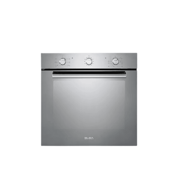 Stainless steel built-in electric oven with control knobs, ideal for modern kitchen appliances and cooking needs.