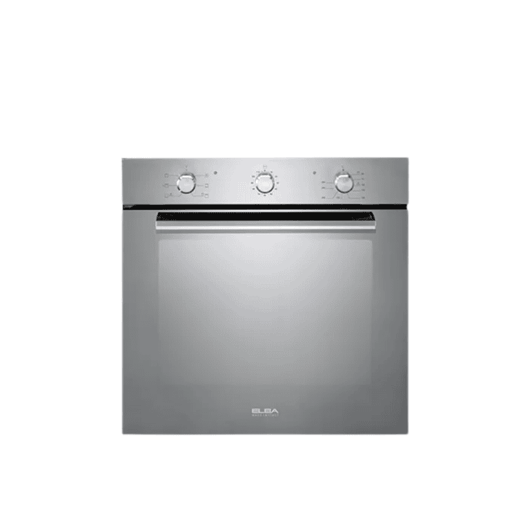 Stainless steel built-in electric oven with control knobs, ideal for modern kitchen appliances and cooking needs.