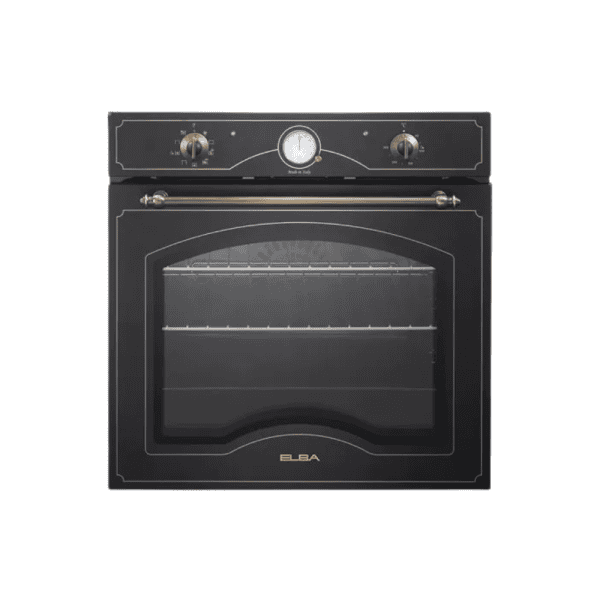 Elegant vintage-style black kitchen oven with gold accents, digital controls, and a glass door, ideal for premium culinary appliances and modern kitchen decor.
