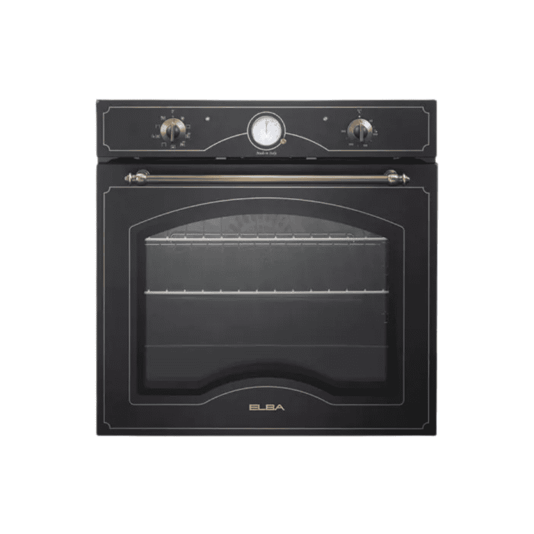 Elegant vintage-style black kitchen oven with gold accents, digital controls, and a glass door, ideal for premium culinary appliances and modern kitchen decor.