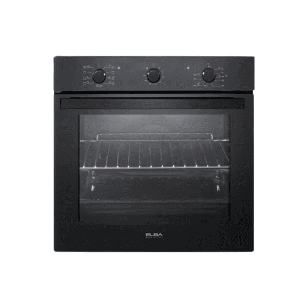 Modern black electric oven with glass door and control knobs, ideal for kitchen renovation and cooking appliances.