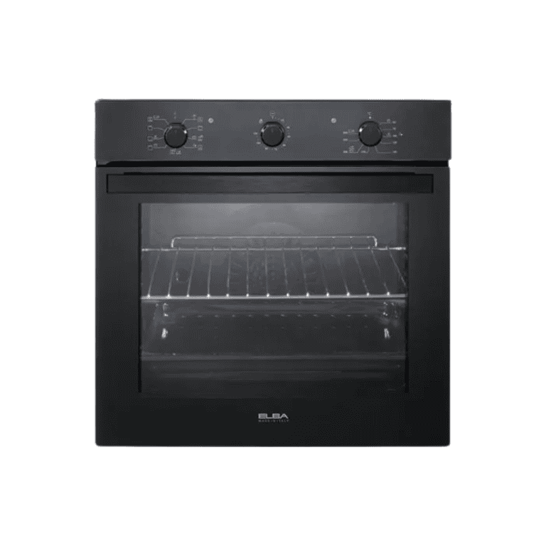 Modern black electric oven with glass door and control knobs, ideal for kitchen renovation and cooking appliances.