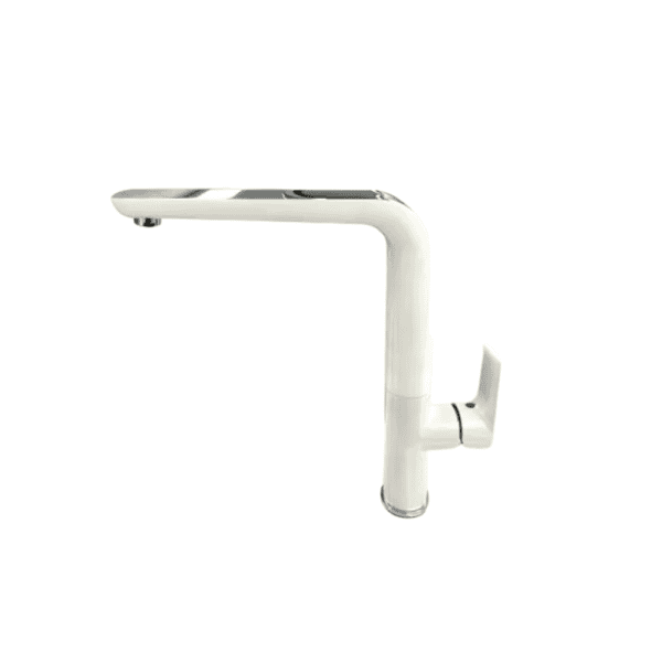 Modern white kitchen faucet with sleek design, touchless sensor for hands-free operation, and durable stainless steel construction. Perfect for contemporary kitchens aiming for functionality and style.
