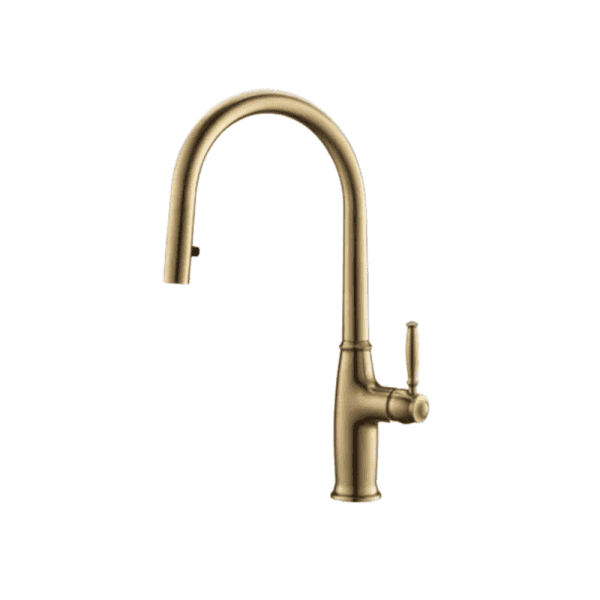 Brass kitchen faucet with elegant curved spout and single handle, perfect for modern kitchen sink installations. High-quality, durable, and stylish for a contemporary kitchen faucet upgrade.