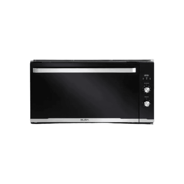 Stainless steel countertop microwave oven with digital display and control knobs for kitchen convenience.