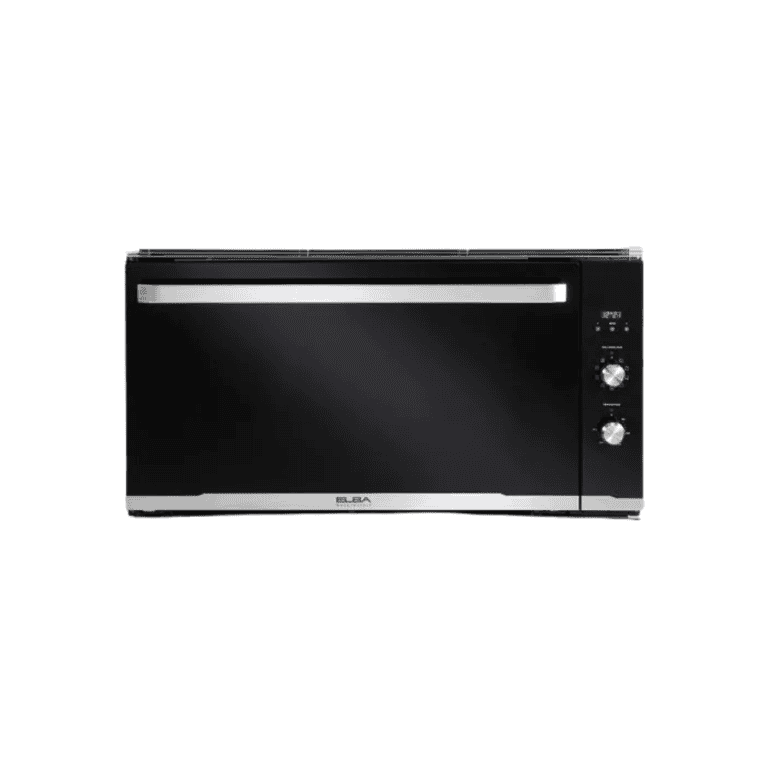Stainless steel countertop microwave oven with digital display and control knobs for kitchen convenience.