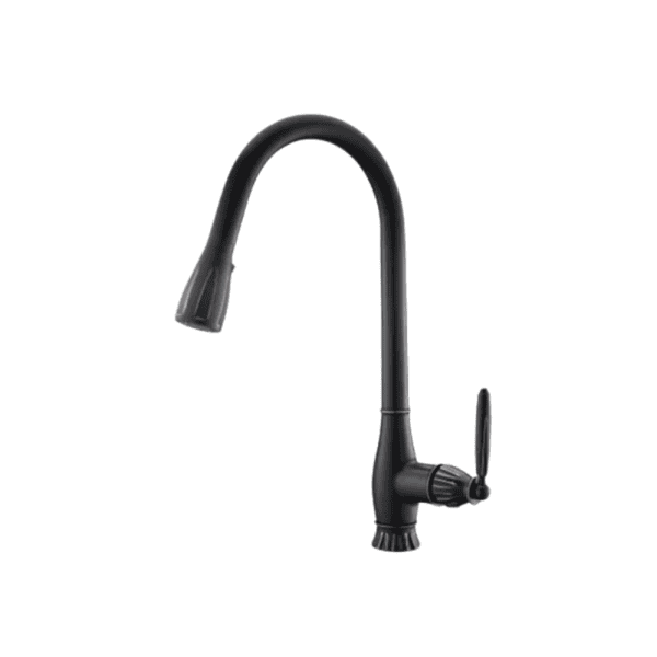 Sleek black kitchen faucet with vintage copper accents, high-arc spout, and single handle for modern and farmhouse kitchen decor. Perfect for stylish and functional kitchen upgrades.